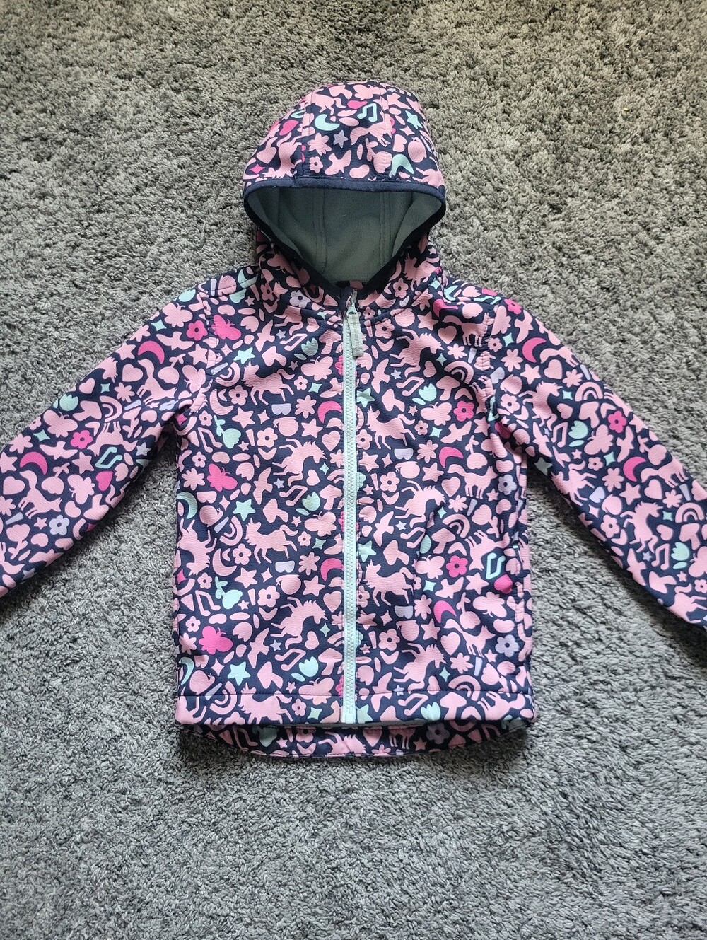 Girls' Pink & Navy Unicorn Patterned Hooded Jacket Size 5T Zipper Closure Fleece